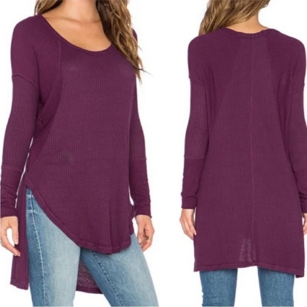 Free People purple high low waffle knit long sleeve thermal top S
